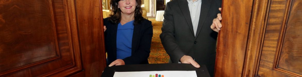 Simon Green, Director of Venturefest Tees Valley, and Professor Jane Turner, Pro Vice-Chancellor for Enterprise and Business Engagement at Teesside University, unveil the new event’s branding at Wynyard Hall, the venue for the inaugural gathering.