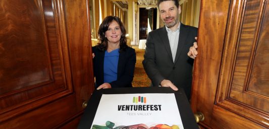 Simon Green, Director of Venturefest Tees Valley, and Professor Jane Turner, Pro Vice-Chancellor for Enterprise and Business Engagement at Teesside University, unveil the new event’s branding at Wynyard Hall, the venue for the inaugural gathering.